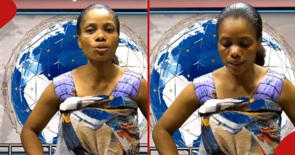 TV presenter reads news with baby on her back. TV presenter reads news with baby on her back.