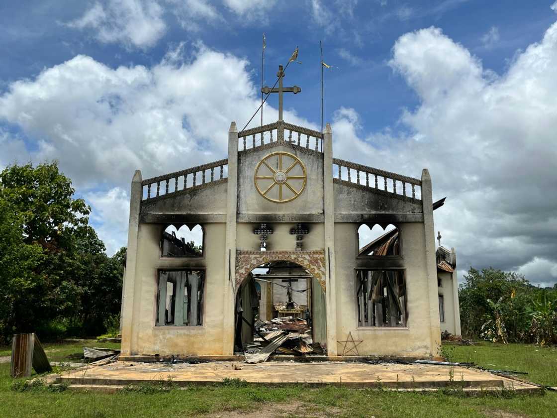 An Amnesty International photo shows a Christian church destroyed after being burned down by the Myanmar military, according to the rights group, in Daw Ngay Ku village in Hparuso township, in eastern Myanmar's Kayah state