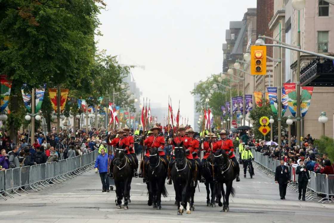 Royal Canadian Mounted Police Musical Ride leads a military parade in downtown Ottawa, Canada for a memorial service for Queen Elizabeth II Royal Canadian Mounted Police Musical Ride leads a military parade in downtown Ottawa, Canada for a memorial service for Queen Elizabeth II