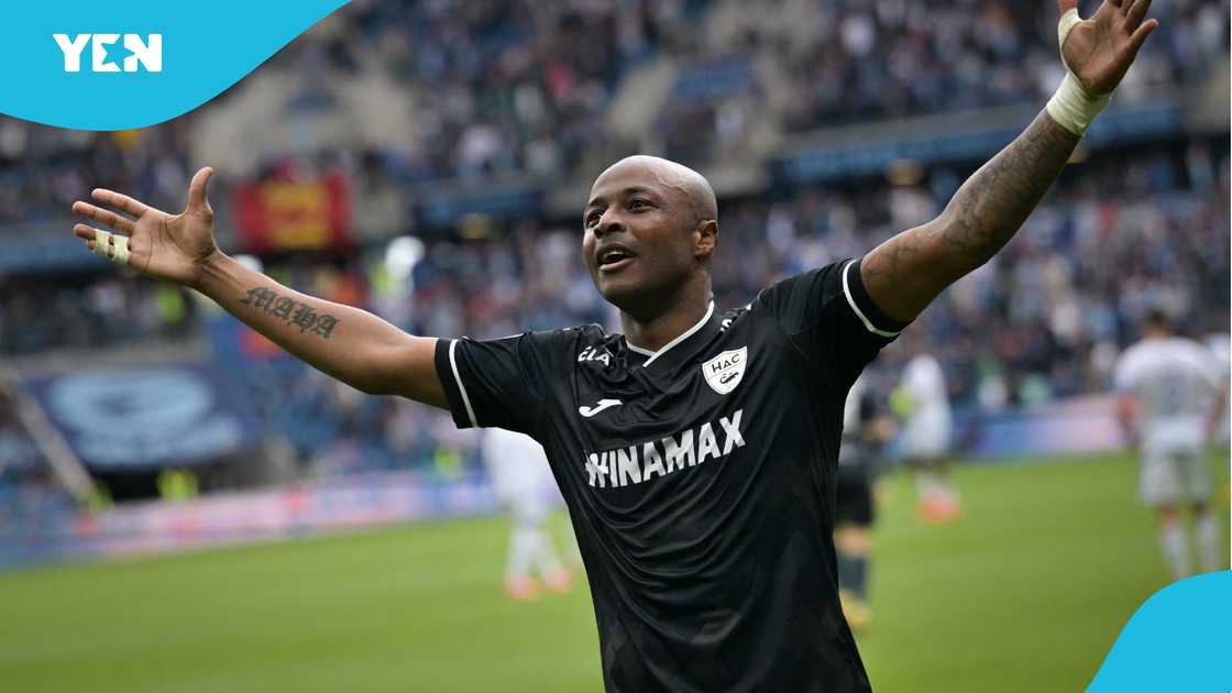 Le Havre's French forward #28 Andre Ayew celebrates scoring his team's third goal during the French L1 football match between Le Havre AC and RC Strasbourg Alsace at The Stade Oceane in Le Havre, north-western France, on May 4, 2024 Le Havre's French forward #28 Andre Ayew celebrates scoring his team's third goal during the French L1 football match between Le Havre AC and RC Strasbourg Alsace at The Stade Oceane in Le Havre, north-western France, on May 4, 2024