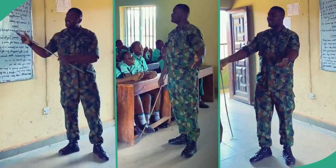 Soldier teaching secondary school students.