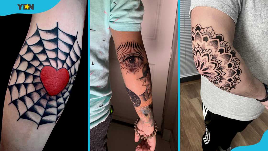 Heart elbow web tattoo (L), eye elbow tattoo (M), and mandala elbow tattoo (R) Heart elbow web tattoo (L), eye elbow tattoo (M), and mandala elbow tattoo (R)