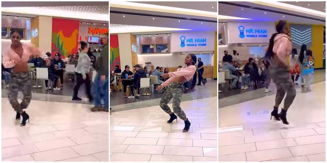 They forgot themselves: Oyinbos lose focus as Nigerian lady in heels scatters restaurant with hot dance moves in video They forgot themselves: Oyinbos lose focus as Nigerian lady in heels scatters restaurant with hot dance moves in video