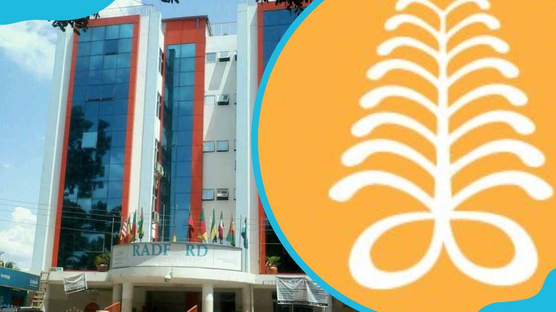 Radford University College main building and logo