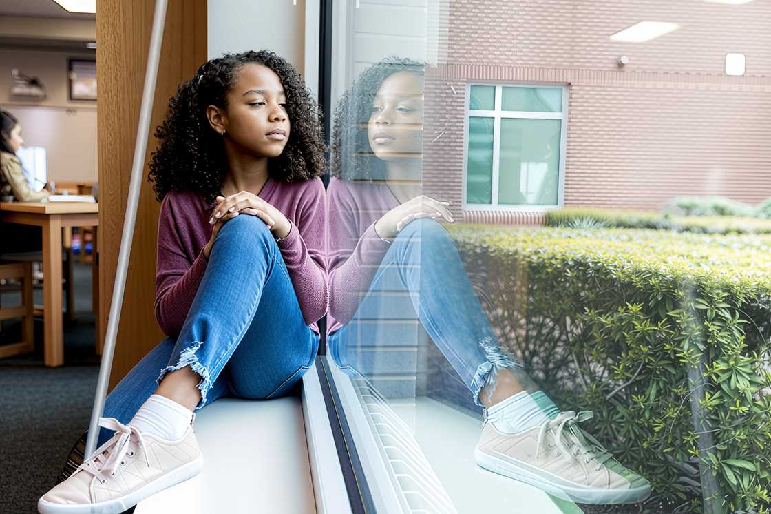 The young girl sits on the windowsill