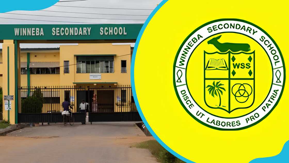 The Winneba Senior High School main gate entrance (L) and the school's logo (R). The Winneba Senior High School main gate entrance (L) and the school's logo (R).