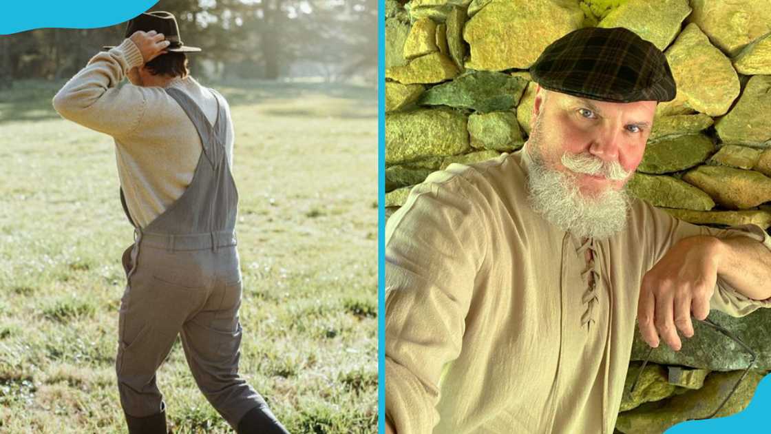 Men in linen overalls and a peasant shirt