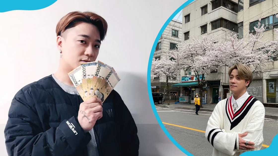 South Korean rapper Outsider holding money and posing for a photo in the street. South Korean rapper Outsider holding money and posing for a photo in the street.