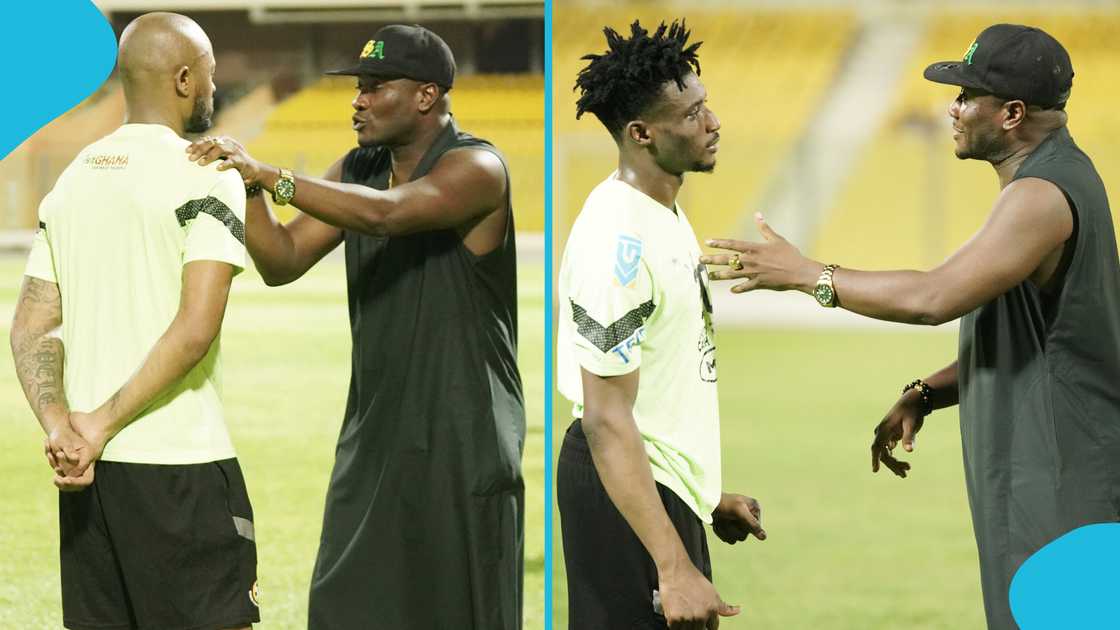 Asamoah Gyan held a private chat with Jordan Ayew and Mohammed Kudus after Tuesday's training session. Asamoah Gyan held a private chat with Jordan Ayew and Mohammed Kudus after Tuesday's training session.
