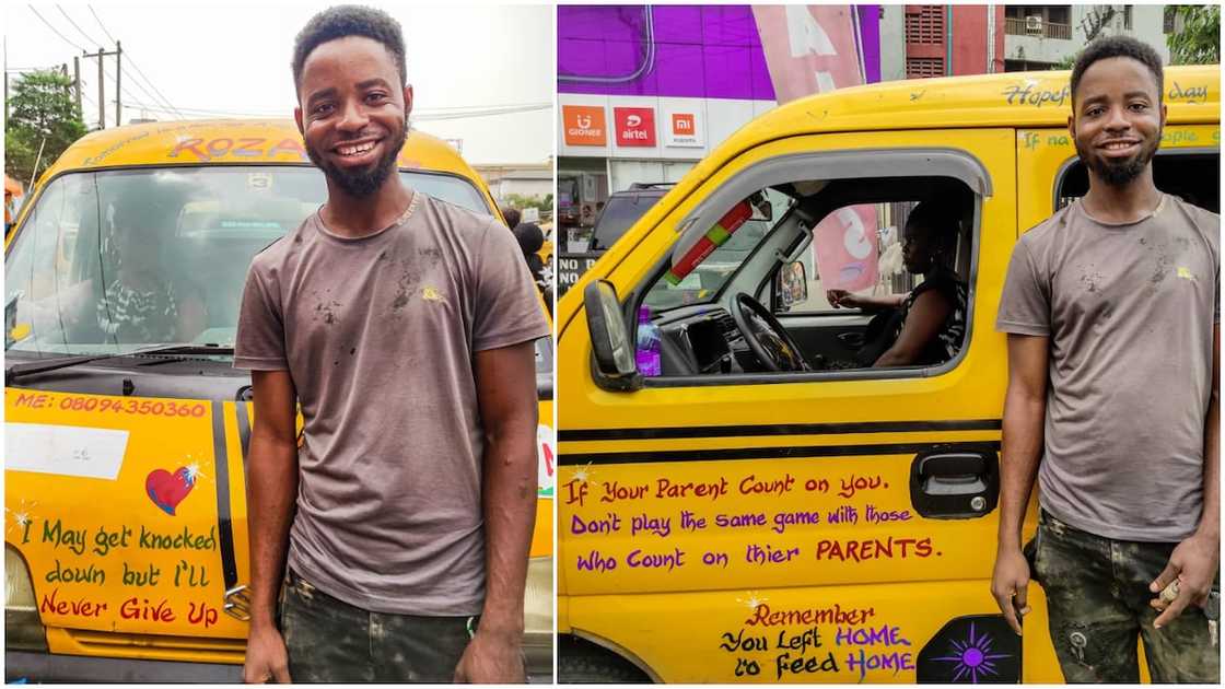 Man makes his danfo buses a 'mobile classroom' writes inspirational quotes all over the body