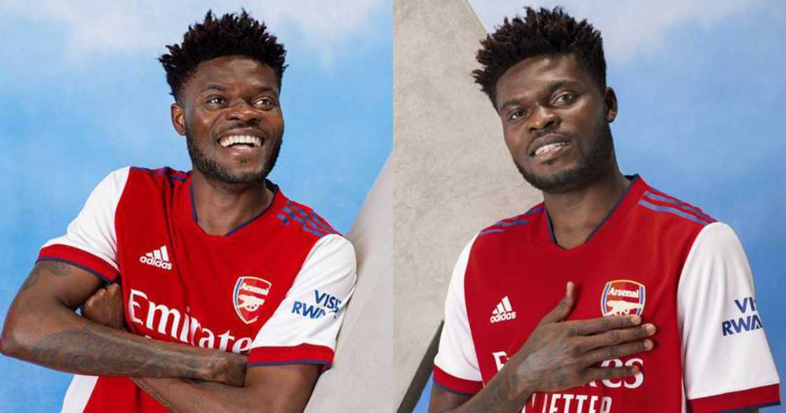 Thomas Partey looking fabulous as he models new Arsenal 2021/2022 home kit