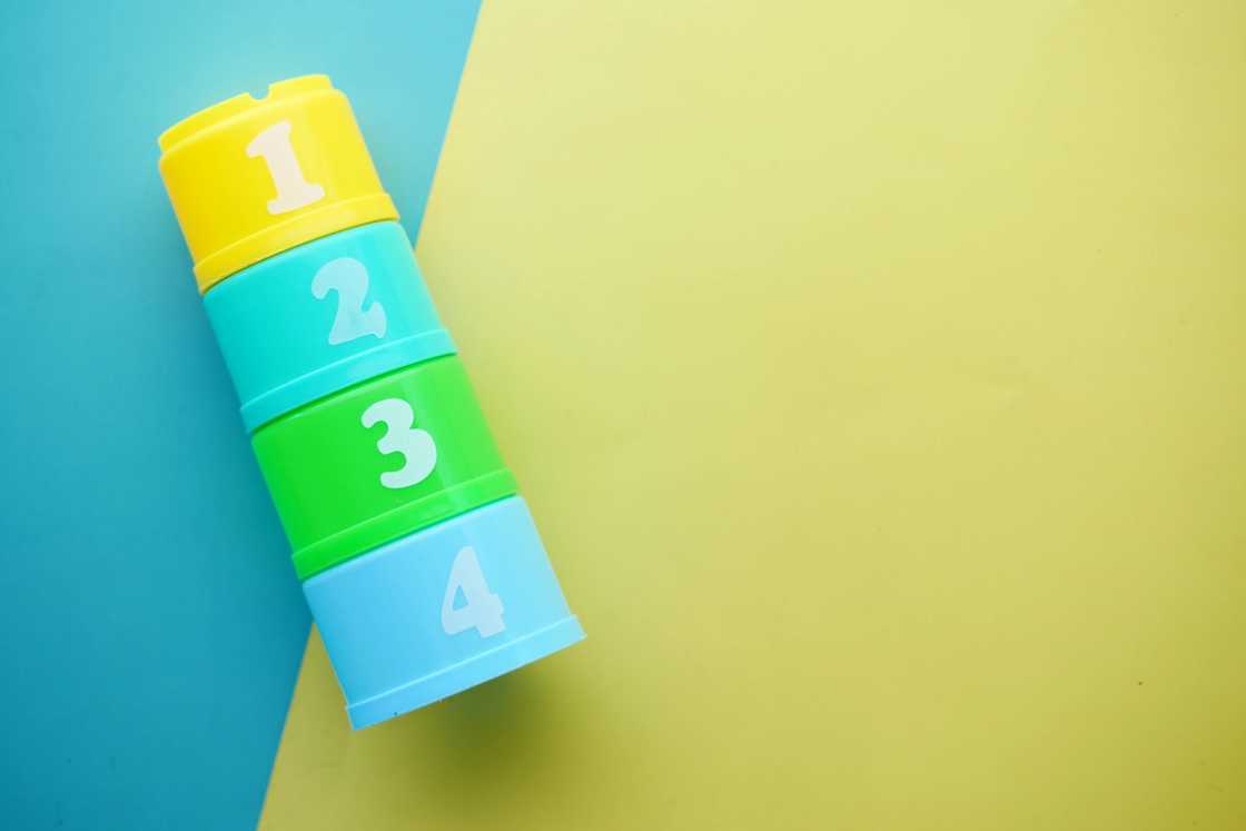 Yellow, blue, and green stacking cups. Yellow, blue, and green stacking cups.