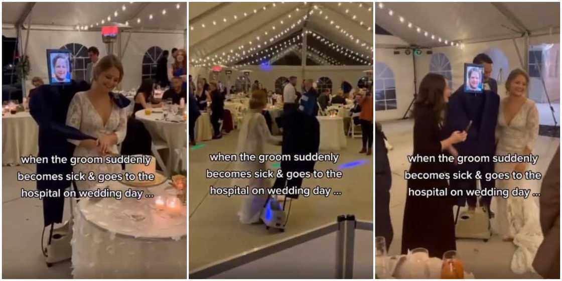 Bride dances and cuts cake with photo of groom after he called in sick on their wedding day, video causes stir Bride dances and cuts cake with photo of groom after he called in sick on their wedding day, video causes stir