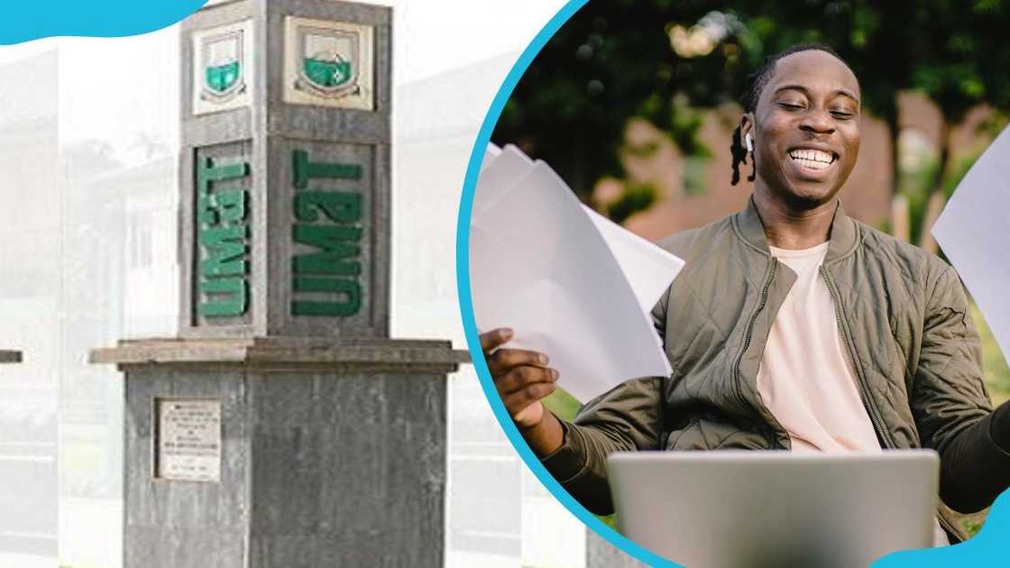 A monument of UMaT and student holding papers