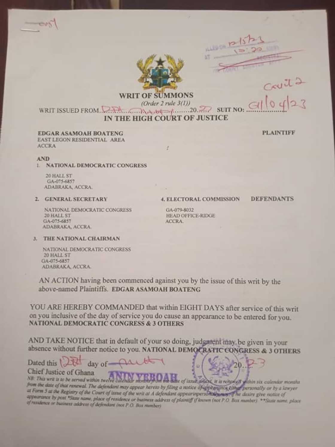 The suit filed by Edgar Asamoah Boateng to injunct the NDC primaries.