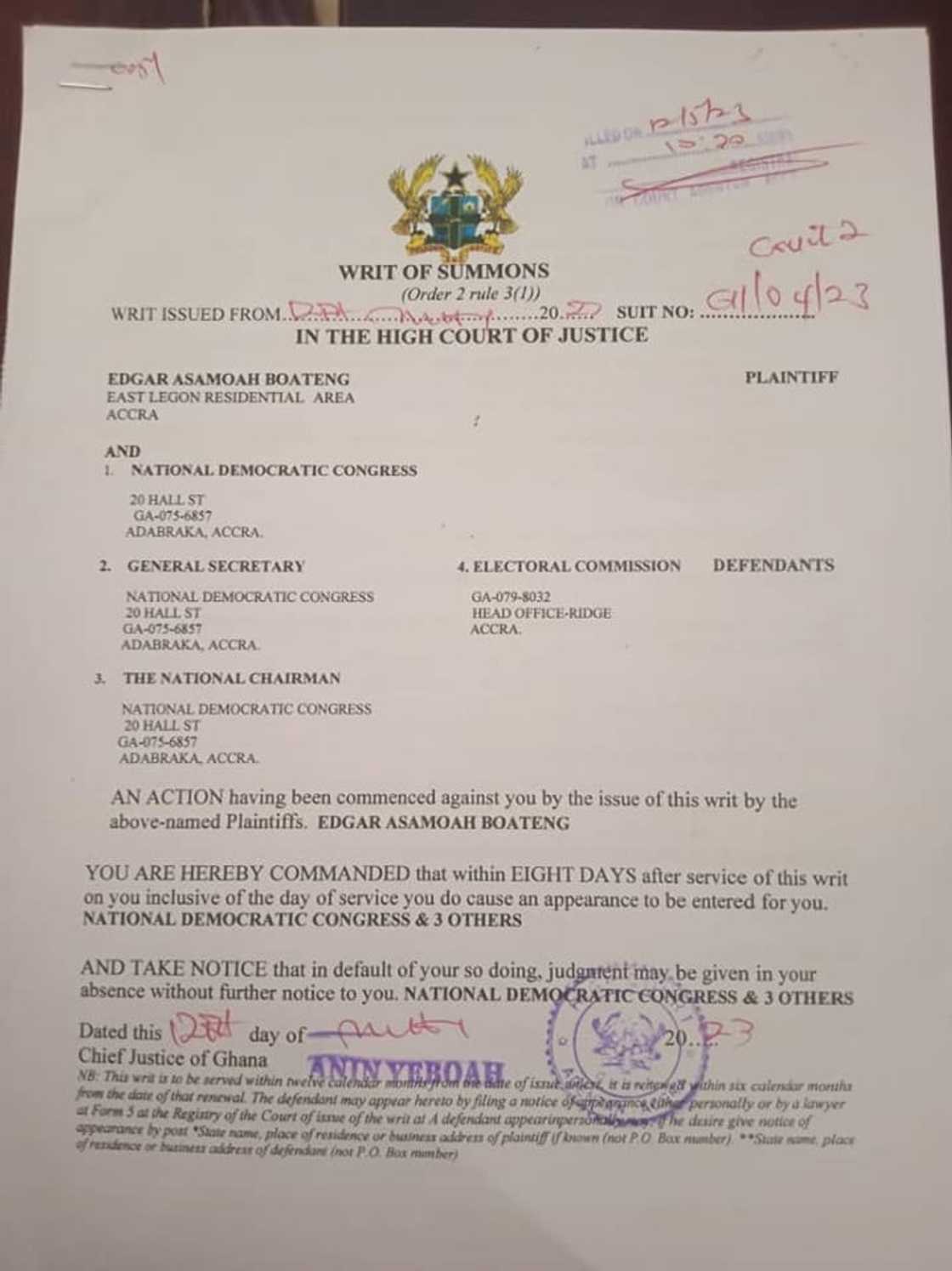 The suit filed by Edgar Asamoah Boateng to injunct the NDC primaries. The suit filed by Edgar Asamoah Boateng to injunct the NDC primaries.