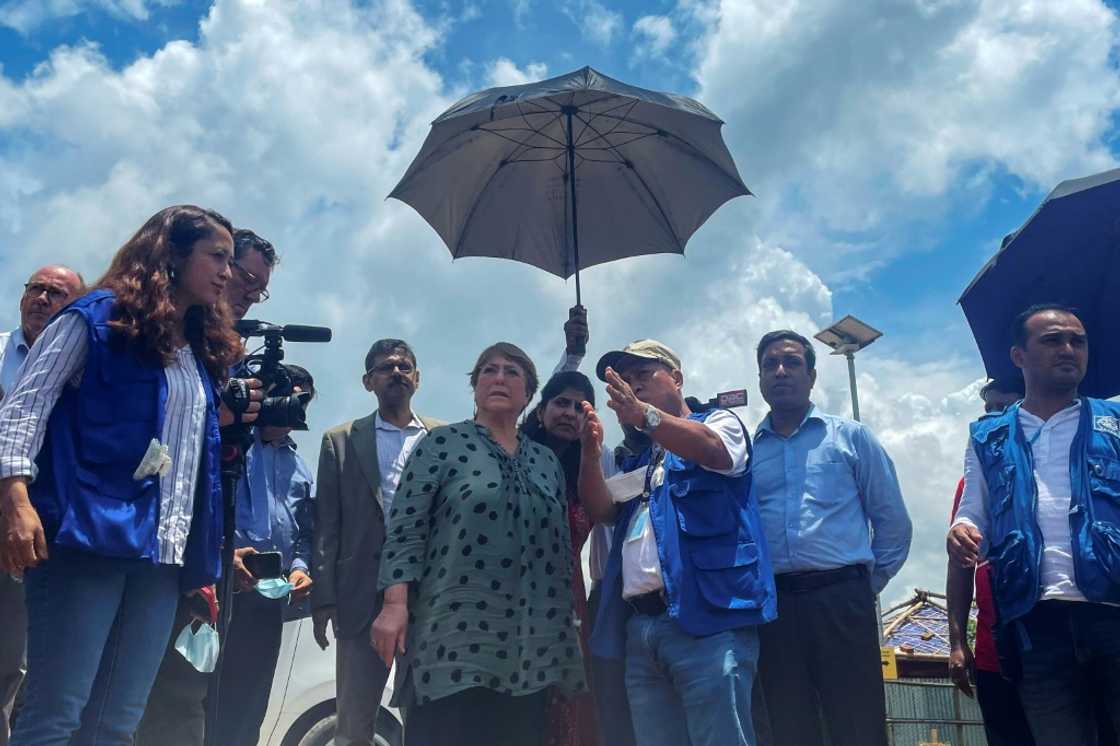 UN High Commissioner for Human Rights Michelle Bachelet (C) visits a Rohingya refugee camp in Ukhia, Bangladesh