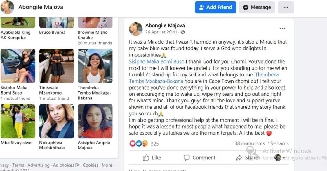 Abongile Majova has lamented the thug that stole her car and posted it on social media. Image: Facebook