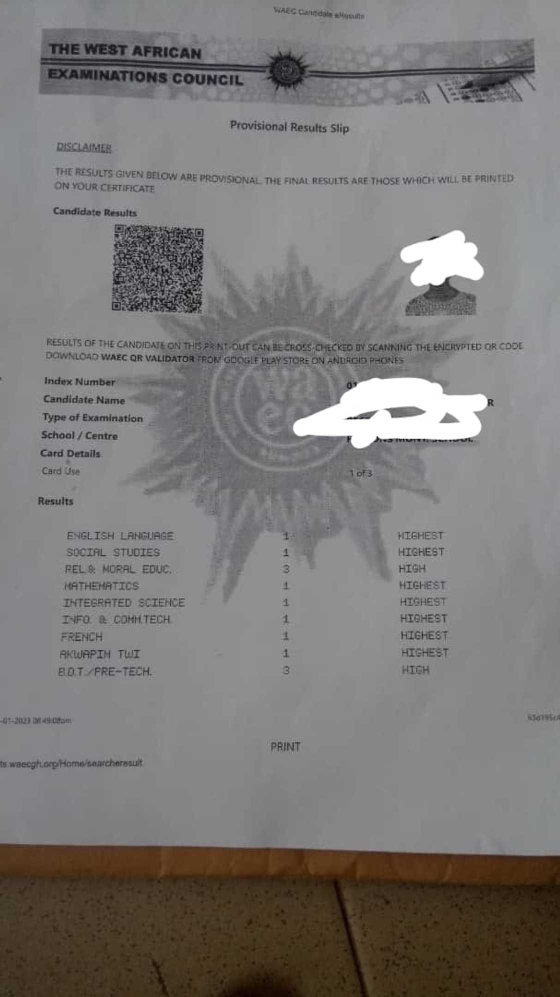 The BECE results of a girl in Ghana. The BECE results of a girl in Ghana.