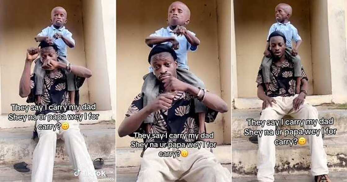 Man dances with his father who has a small stature