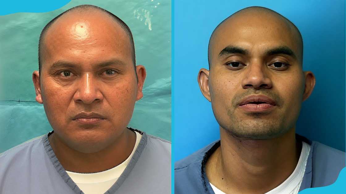 Miguel Diaz-Santiz and Victor Manuel Sanchez in side-by-side mugshots wearing light blue prison uniforms against blue backgrounds. Miguel Diaz-Santiz and Victor Manuel Sanchez in side-by-side mugshots wearing light blue prison uniforms against blue backgrounds.