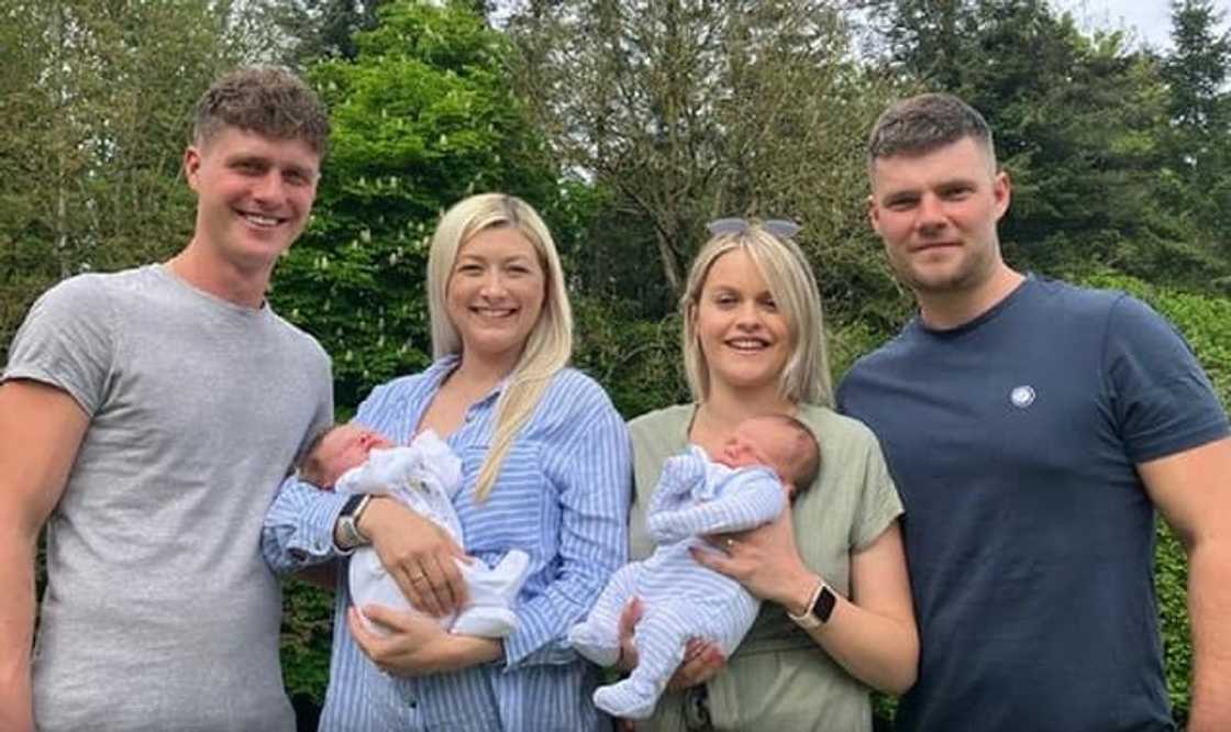 George and Joe Robinson and their wives, Ellie and Hayley photographed with their babies delivered two hours apart at the Worcestershire Royal Hospital. George and Joe Robinson and their wives, Ellie and Hayley photographed with their babies delivered two hours apart at the Worcestershire Royal Hospital.