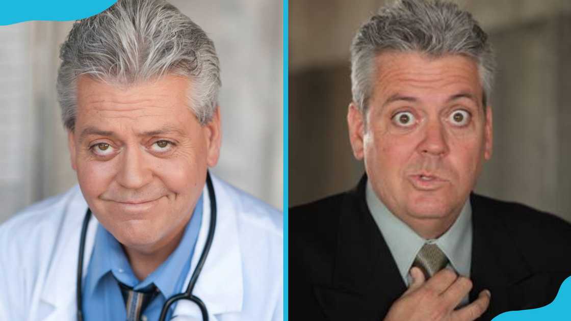 Andy Mullins is posing for a photo in a room (L). He is posing for a photo with his eyes wide open (R)