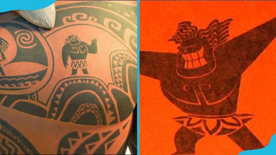 Mini Maui on Maui's chest (L) and a hand-drawn animation style of him (R). Mini Maui on Maui's chest (L) and a hand-drawn animation style of him (R).
