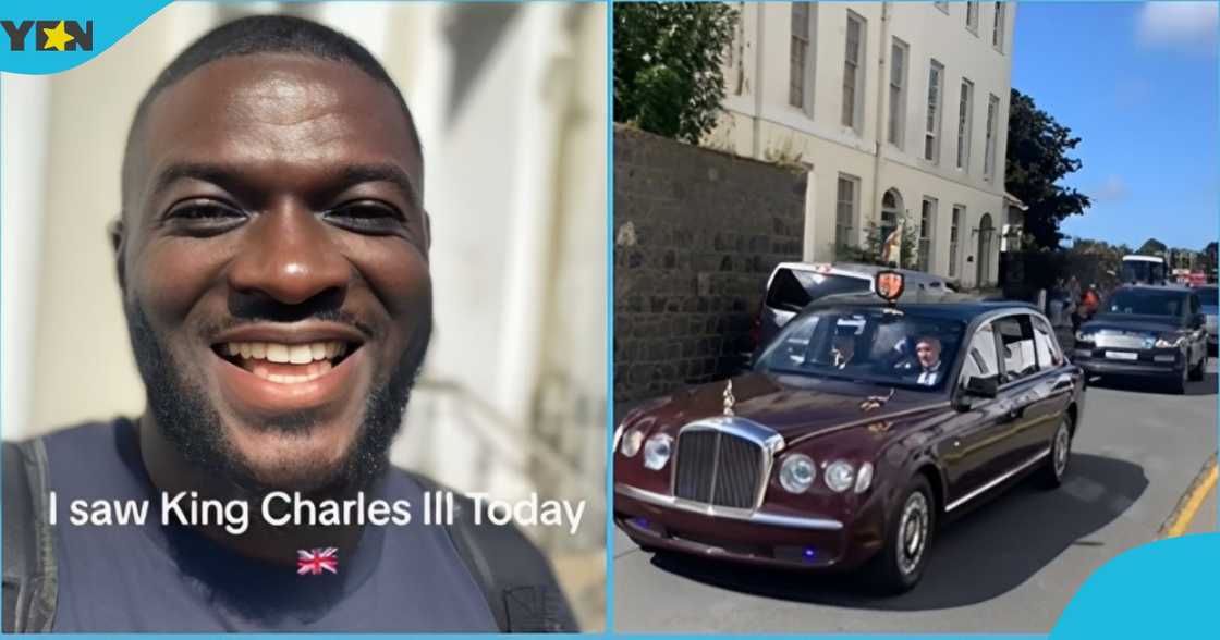 Photo of Ghanaian man in the UK and King Charles in his car. Photo of Ghanaian man in the UK and King Charles in his car.