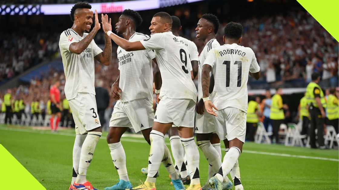 Real Madrid players celebrate with Kylian Mbappe Real Madrid players celebrate with Kylian Mbappe