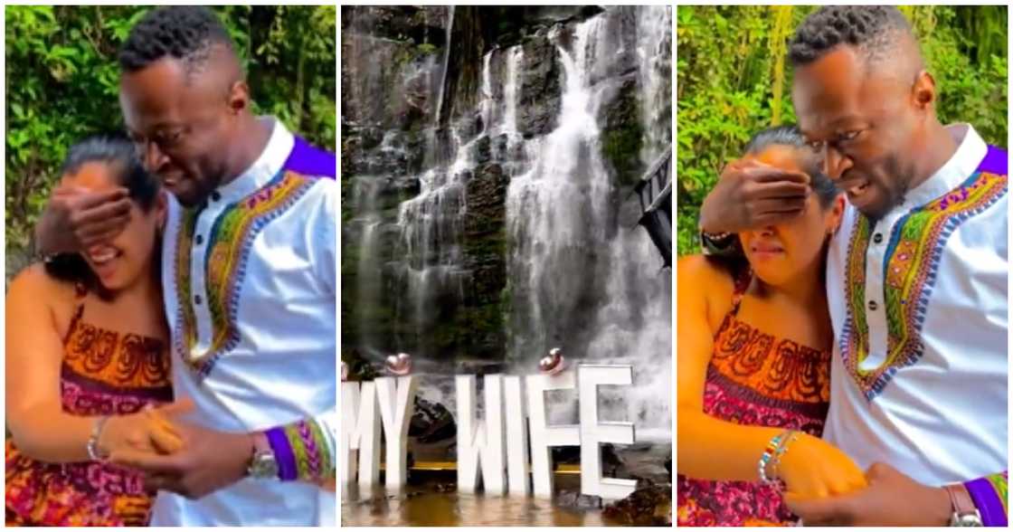 Be My Wife: Ghanaian Man Pops the Question to Pretty 'Obroni' Girlfriend at Waterfalls; Video Stirs Reactions Be My Wife: Ghanaian Man Pops the Question to Pretty 'Obroni' Girlfriend at Waterfalls; Video Stirs Reactions