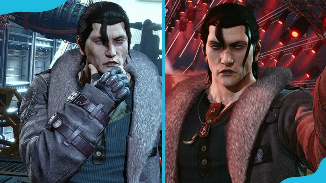 Sergei Dragunov poses in a futuristic attire set against contrasting backgrounds