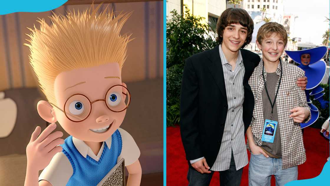 Lewis from Meet the Robinsons (R) and Daniel Hansen and Jordan Fry, who voice him (R)