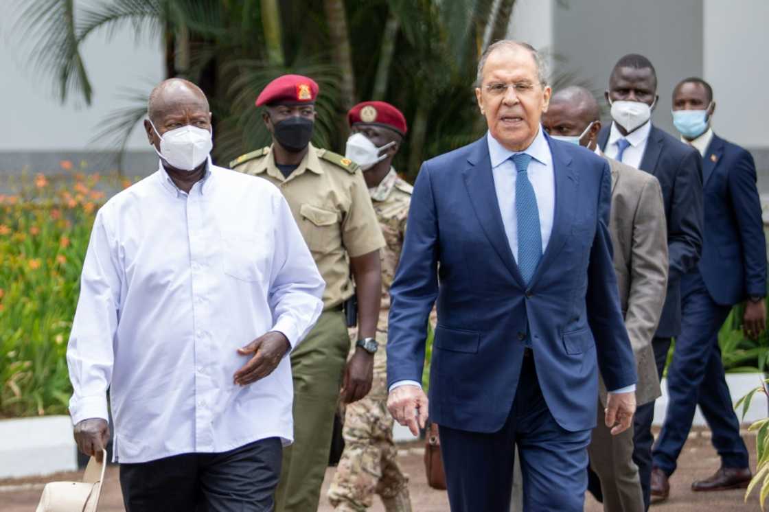 Ugandan President Yoweri Museveni (left) held talks with visiting Russian Foreign Minister Sergei Lavrov Ugandan President Yoweri Museveni (left) held talks with visiting Russian Foreign Minister Sergei Lavrov
