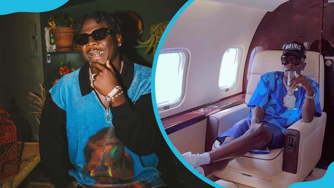 Stonebwoy rocking a blue and black sweatshirt and Stonebwoy inside a plane in a blue shirt and pair of shorts Stonebwoy rocking a blue and black sweatshirt and Stonebwoy inside a plane in a blue shirt and pair of shorts
