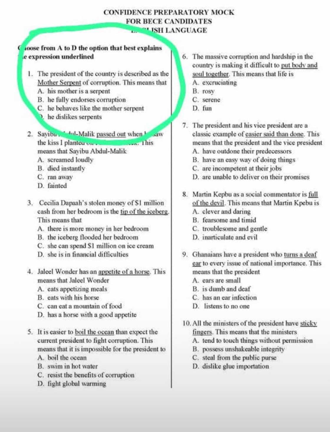 Confidence Preparatory uses Akufo-Addo's "Mother Serpent of corruption" tag to set mock question for candidates Confidence Preparatory uses Akufo-Addo's "Mother Serpent of corruption" tag to set mock question for candidates