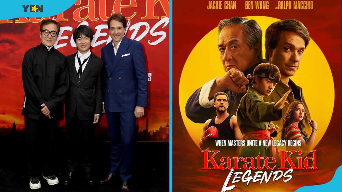 Jackie Chan, Ben Wàng, and Ralph Macchio at the Karate Kid: Legends premiere (L). The Karate Kid: Legends cover art (R) Jackie Chan, Ben Wàng, and Ralph Macchio at the Karate Kid: Legends premiere (L). The Karate Kid: Legends cover art (R)