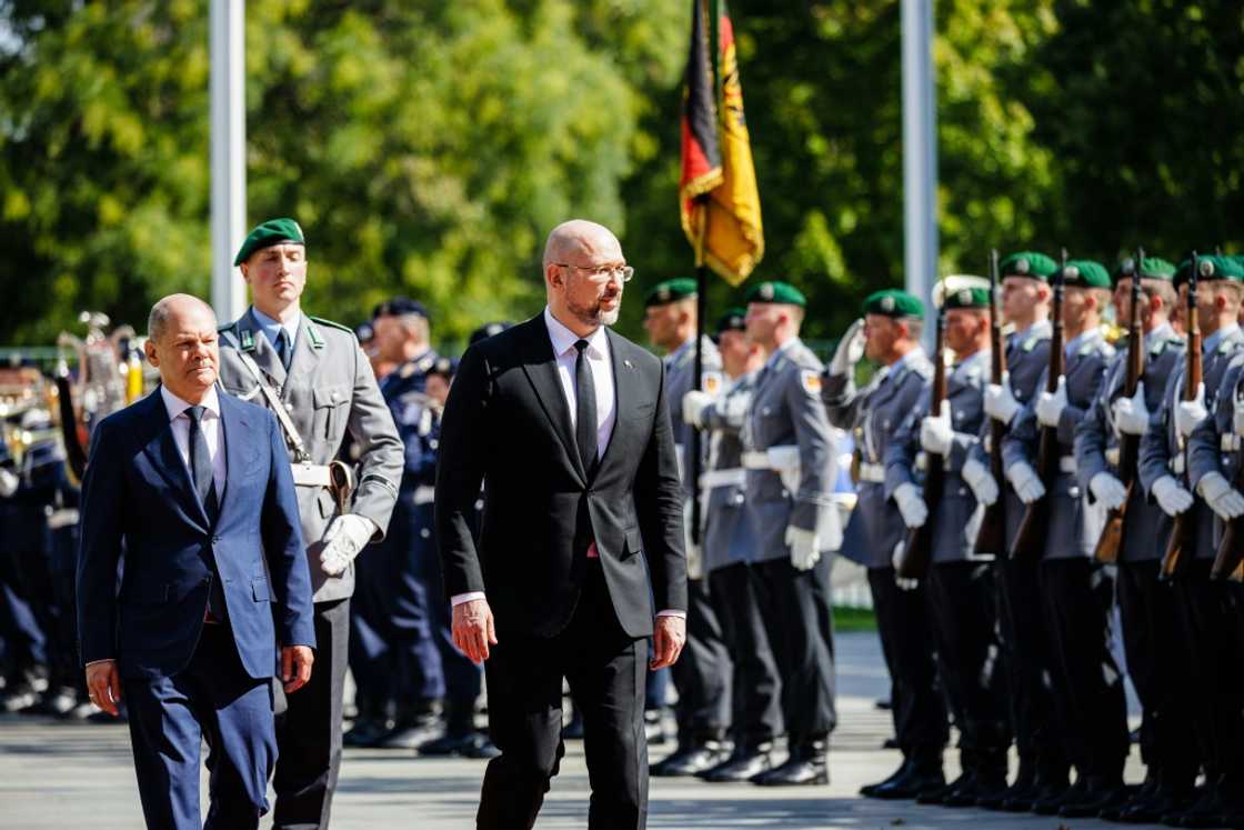 Ukrainian Prime Minister Denys Shmygal (R) held talks with German Chancellor Olaf Scholz (L) on a visit to Germany