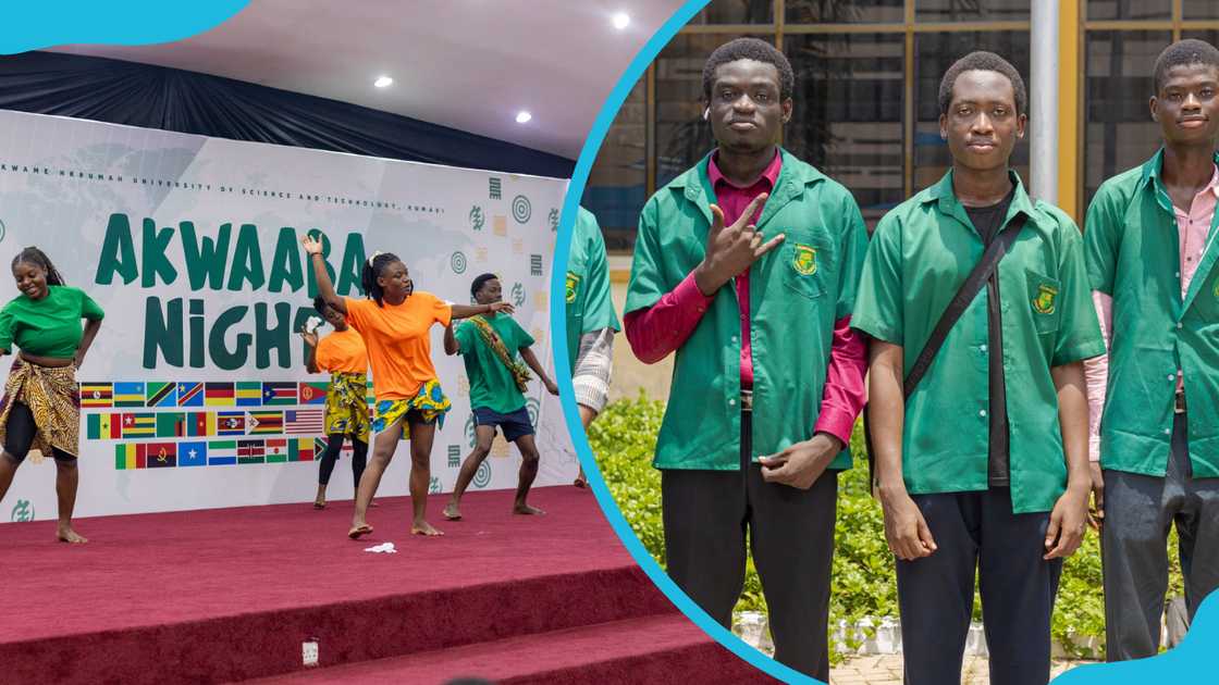 KNUSt students dancing during Akwaara night and a group of male KNUST students in green KNUST-branded shirts and black pants KNUSt students dancing during Akwaara night and a group of male KNUST students in green KNUST-branded shirts and black pants