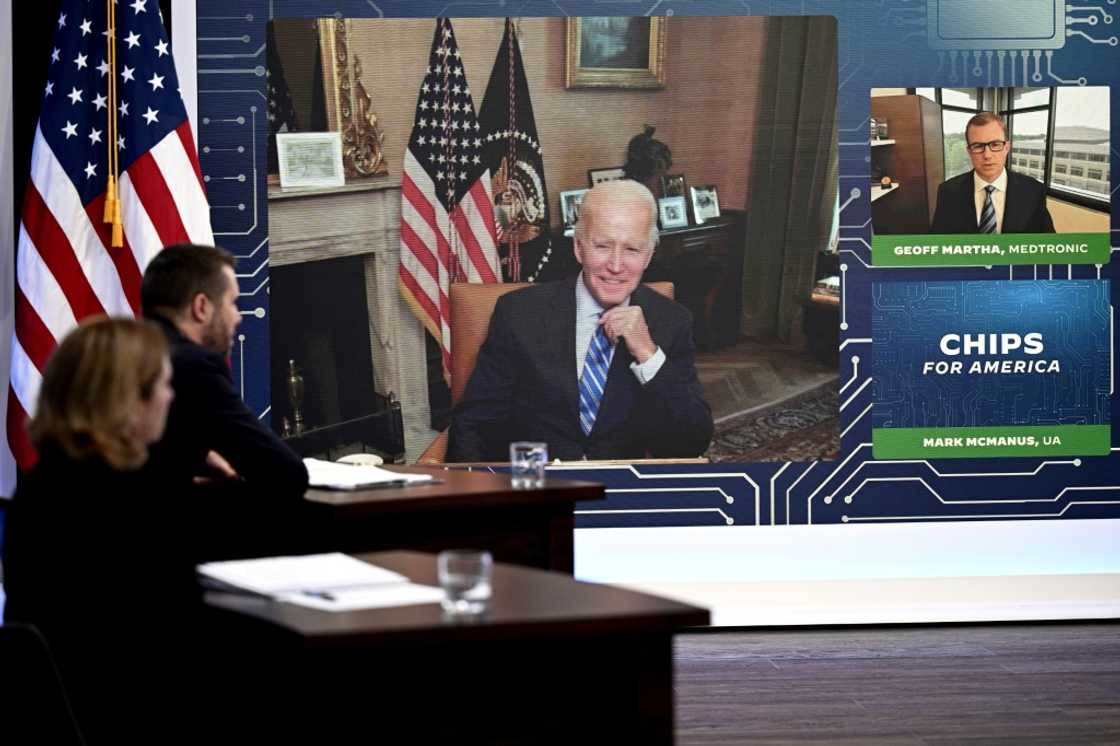 US President Joe Biden speaks virtually with CEOs about the CHIPS Act, a bill to boost domestic semiconductor manufacturing US President Joe Biden speaks virtually with CEOs about the CHIPS Act, a bill to boost domestic semiconductor manufacturing