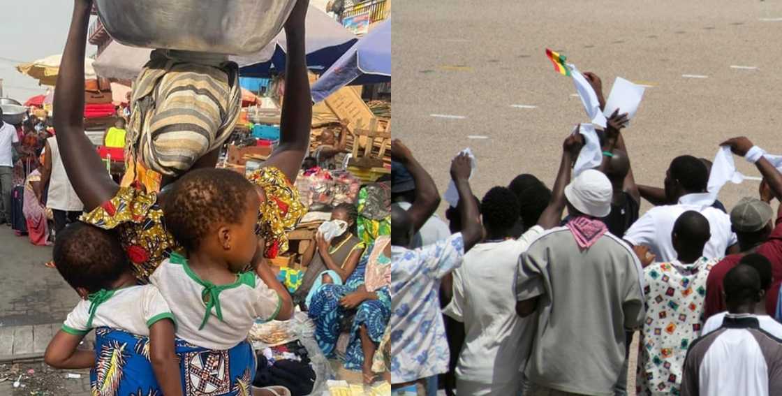 Market woman carrying two babies at the same time Market woman carrying two babies at the same time