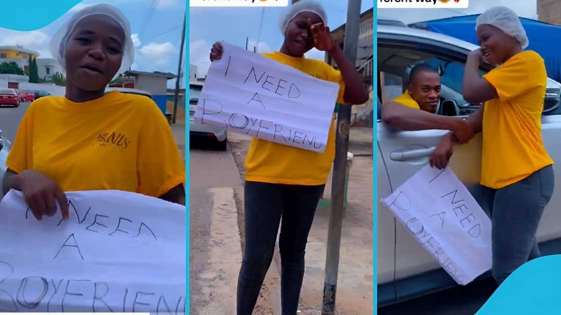 Ghanaian lady, heartbroken, streets, placard, boyfriend, search. love, relationship