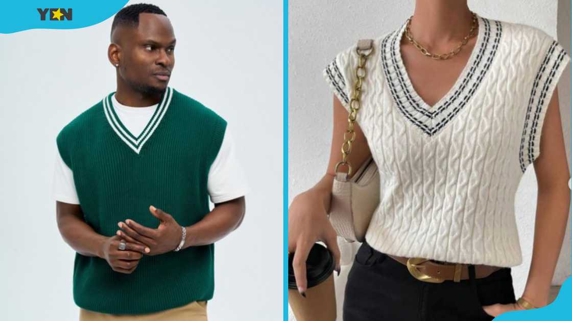 A man and a woman in sweater vests.