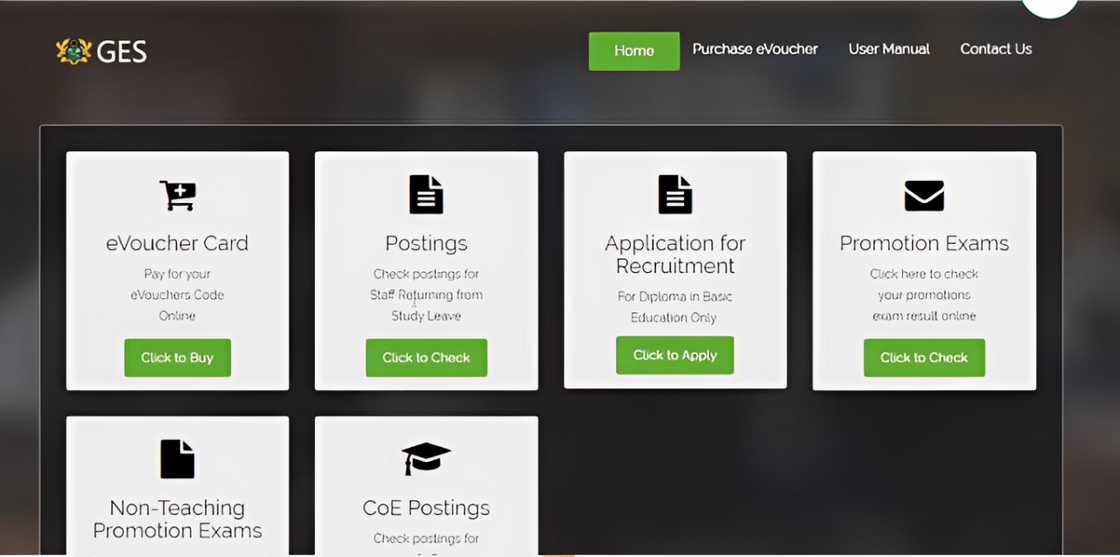 The GES recruitment portal, displaying options for purchasing an eVoucher card, checking postings, applying for recruitment, and checking promotion exams results. The GES recruitment portal, displaying options for purchasing an eVoucher card, checking postings, applying for recruitment, and checking promotion exams results.