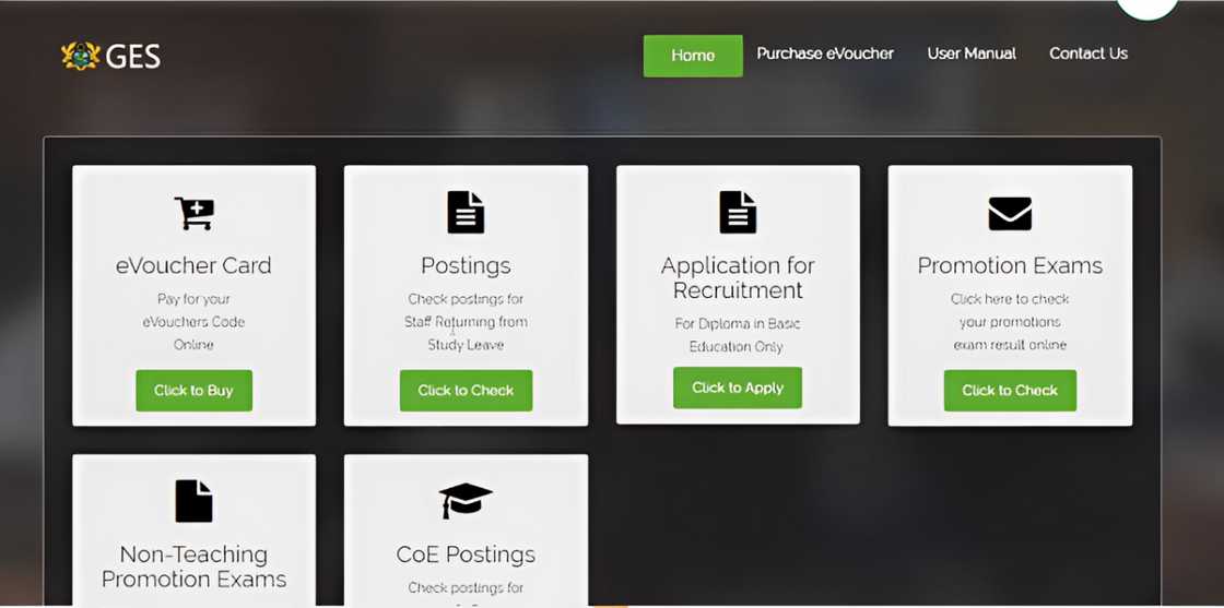 The GES recruitment portal, displaying options for purchasing an eVoucher card, checking postings, applying for recruitment, and checking promotion exams results.