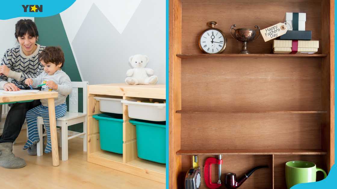 Storage station with green containers and a wooden one with items placed in it