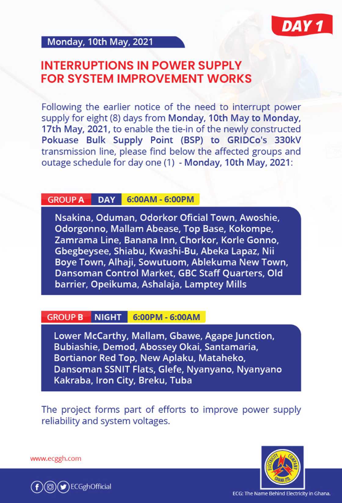 Dumsor reminder: ECGs 6 to 6 timetable begins on May 10 Dumsor reminder: ECGs 6 to 6 timetable begins on May 10