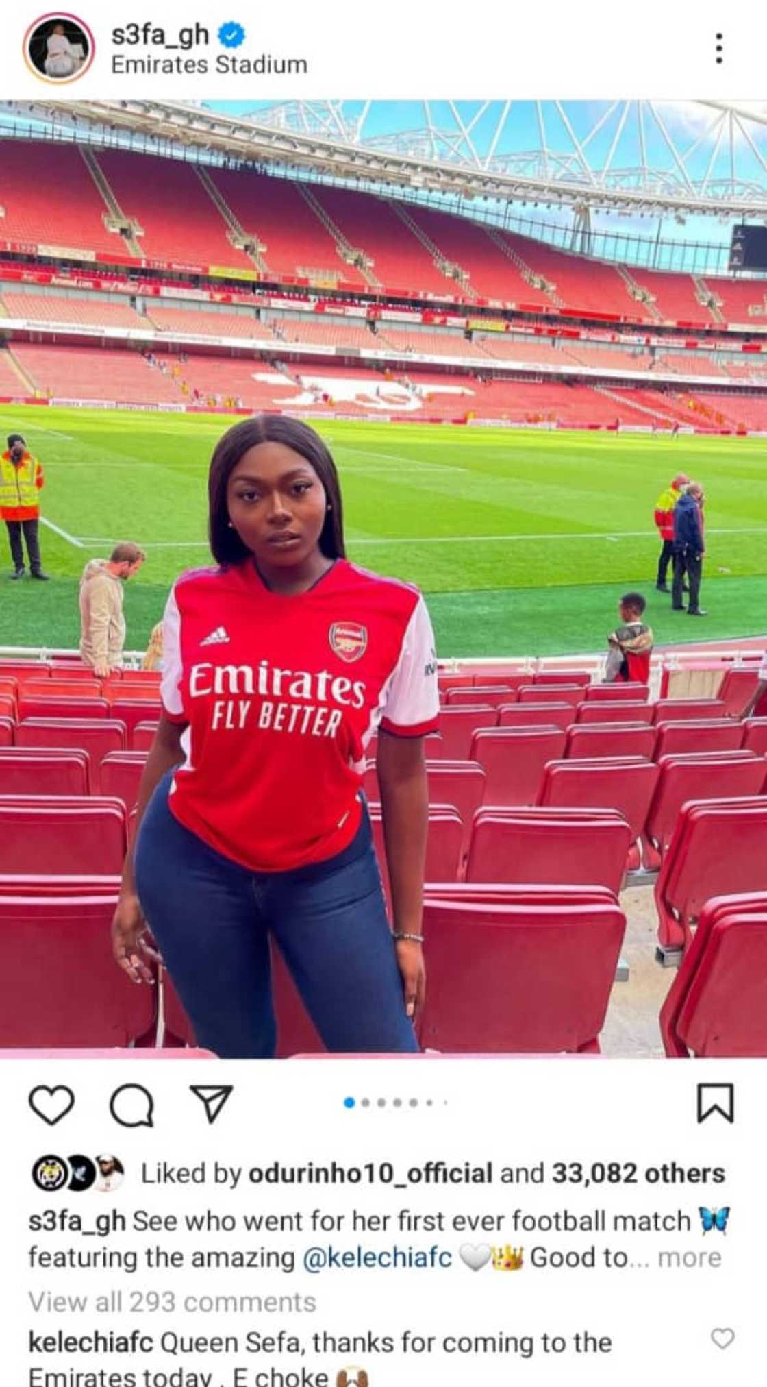 Ghanaian singer Sefa glitters in Arsenal jersey as she watches pre-season friendly against Chelsea Ghanaian singer Sefa glitters in Arsenal jersey as she watches pre-season friendly against Chelsea