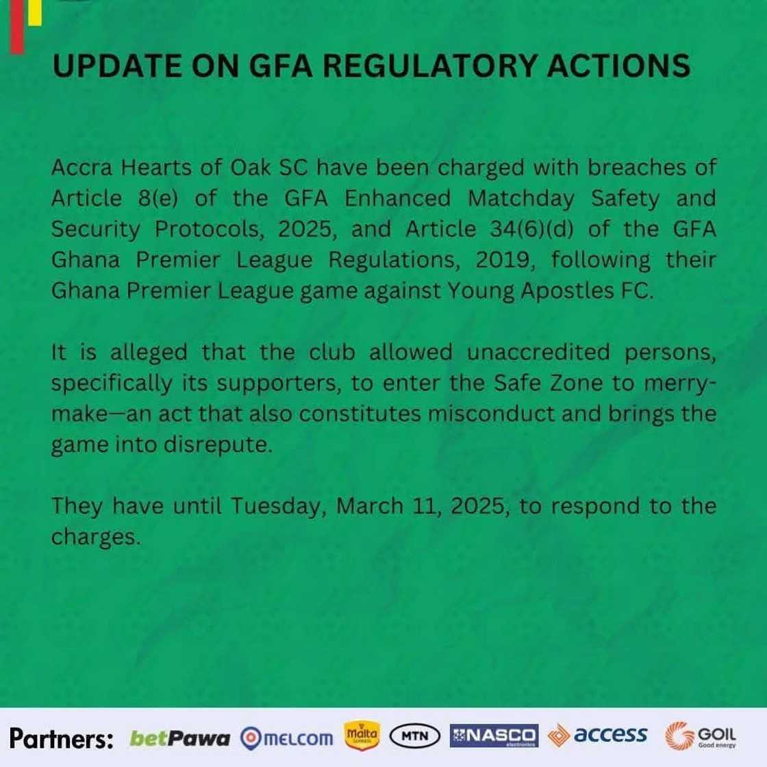 The Ghana Football Association has charged Hearts of Oak for allegedly breaching Article 8(e) of the Enhanced Safety and Security of the GFA 2025 during the Hearts of Oak vs Young Apostles GPL game on March 8 2025 The Ghana Football Association has charged Hearts of Oak for allegedly breaching Article 8(e) of the Enhanced Safety and Security of the GFA 2025 during the Hearts of Oak vs Young Apostles GPL game on March 8 2025