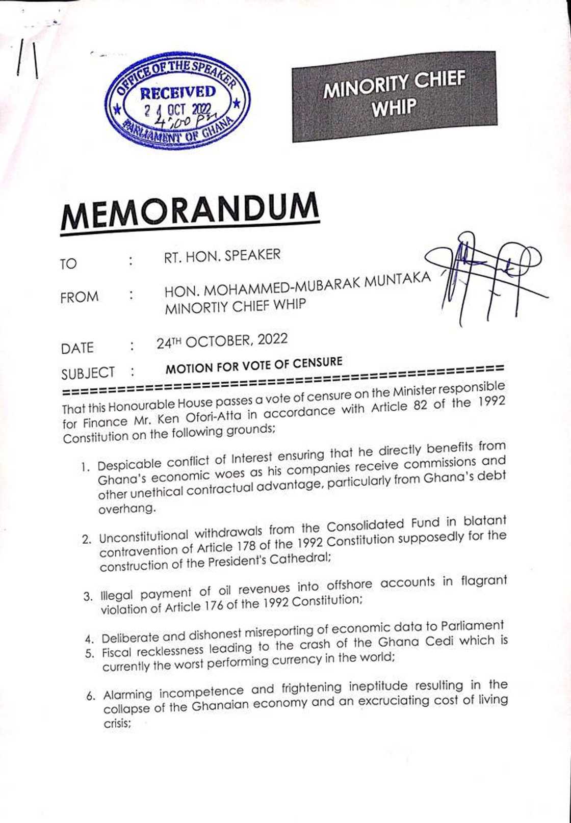 Memo on the vote of censure motion against Ofori-Atta Memo on the vote of censure motion against Ofori-Atta